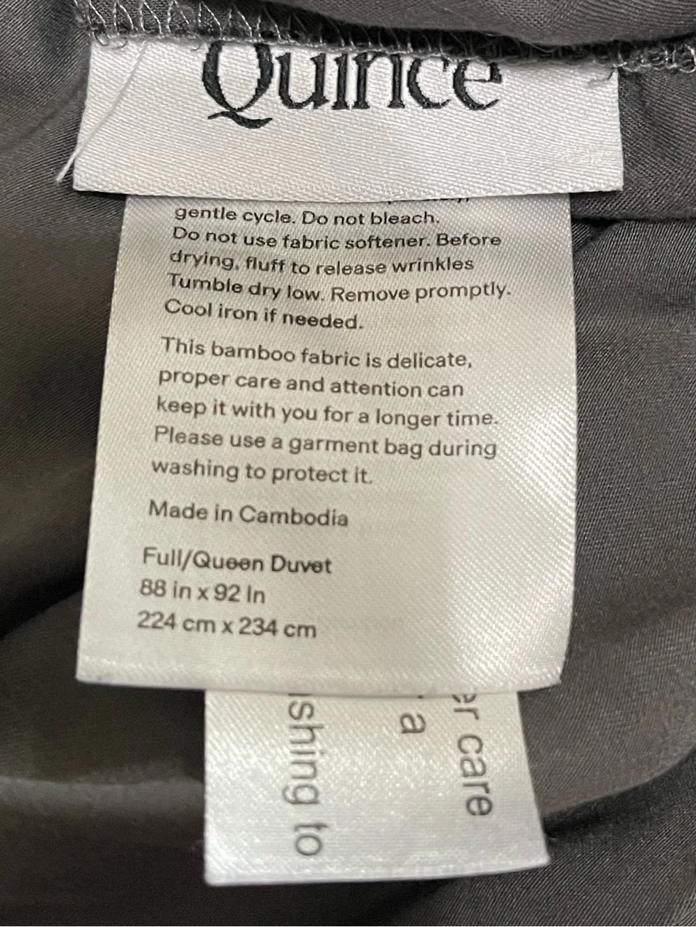 NWOT Quince Organic Bamboo 1 Piece Duvet Cover, Full/Queen (Charcoal)
